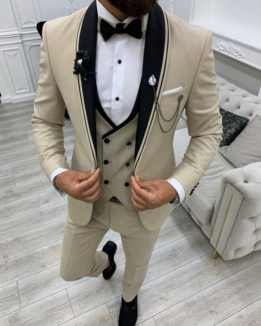 Fashion Khaki Best Fitting Three Pieces Shawl Lapel Prom Men Suits