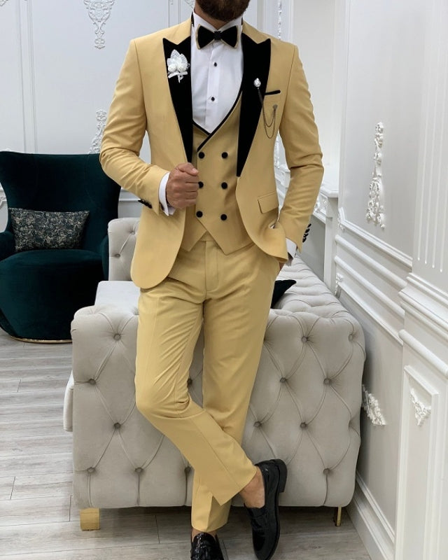 Abel Fashion Khaki Close Fitting Three Pieces Peaked Lapel Prom Men Suits