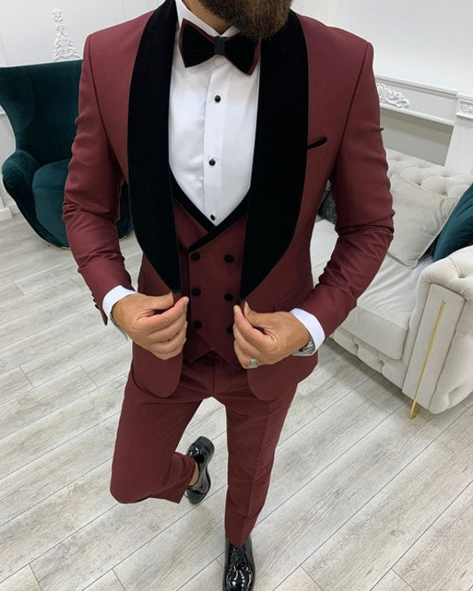 Chic Burgundy Close Fitting Three Pieces Shawl Lapel Prom Men Suits