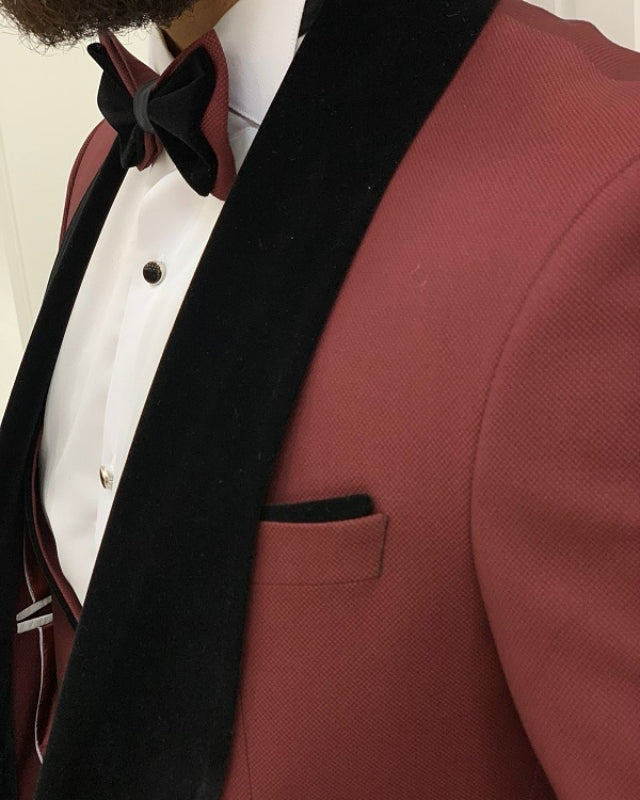 Chic Burgundy Close Fitting Three Pieces Shawl Lapel Prom Men Suits