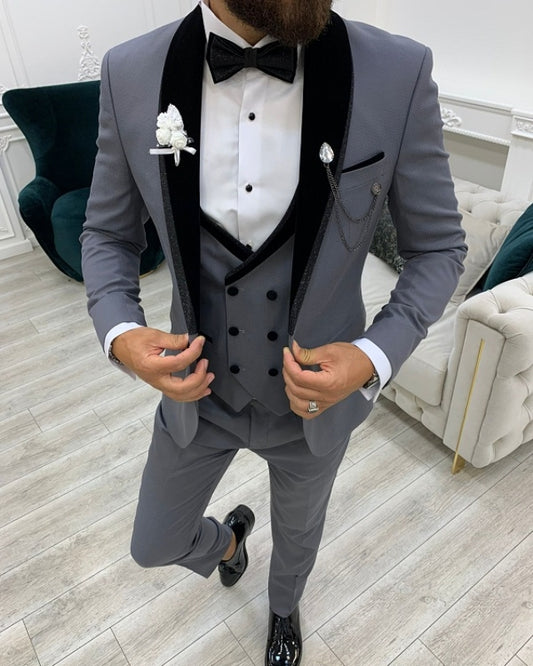 Modern Gray Slim Fit Three Pieces Shawl Lapel Prom Men Suits