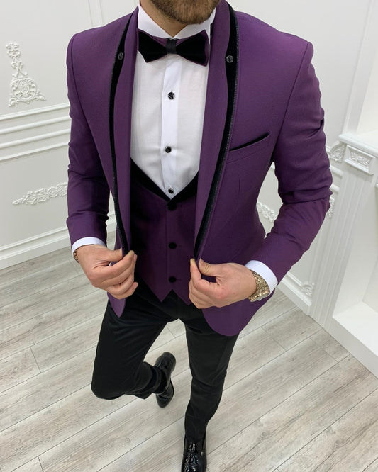 Fashion Purple Close Fitting Three Pieces Shawl Lapel Prom Men Suits