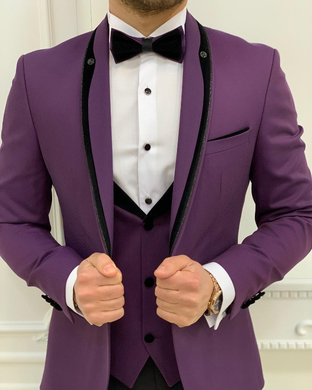 Fashion Purple Close Fitting Three Pieces Shawl Lapel Prom Men Suits