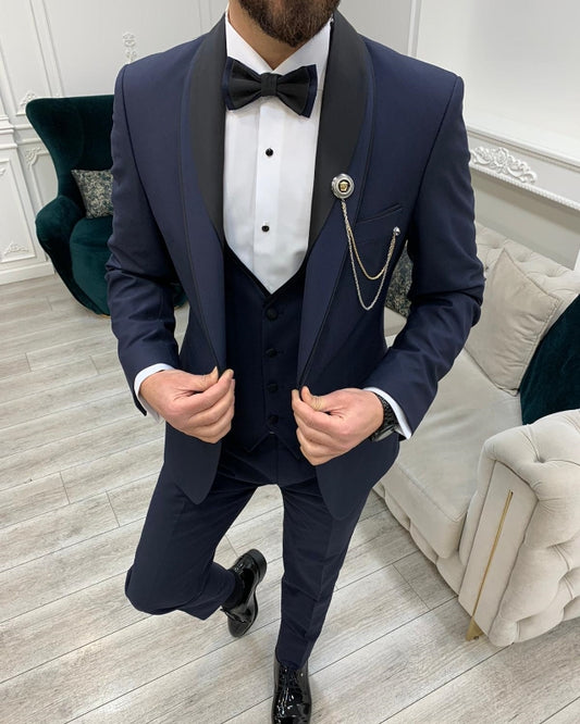 Chic Dark Navy Best Fitting Three Pieces Shawl Lapel Men Suit For Wedding
