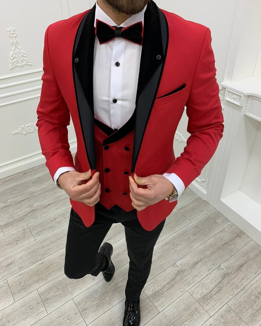 Fashion Red Close Fitting Three Pieces Shawl Lapel Wedding Men Suits