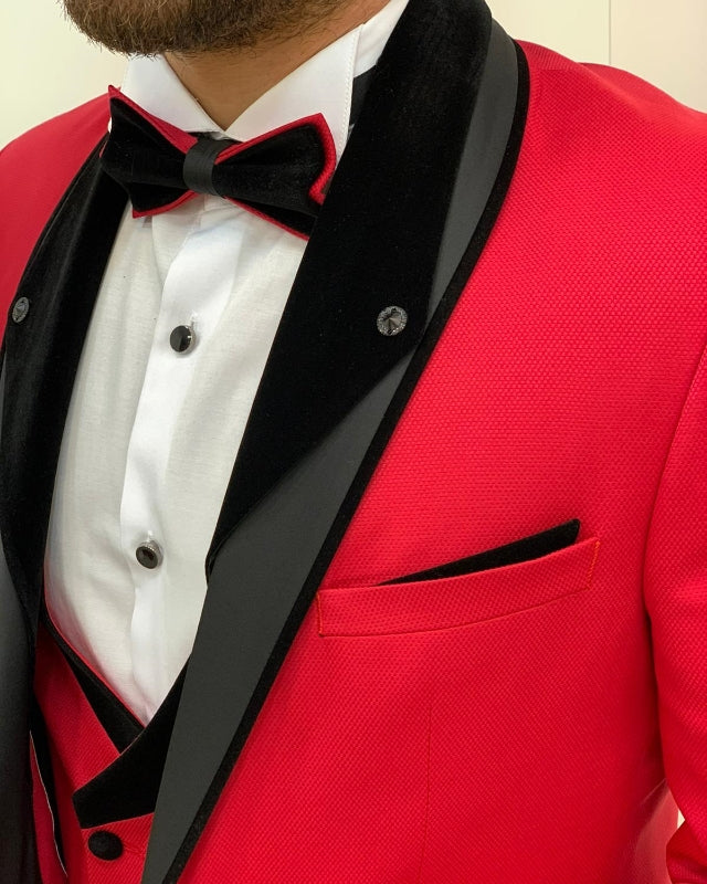 Fashion Red Close Fitting Three Pieces Shawl Lapel Wedding Men Suits