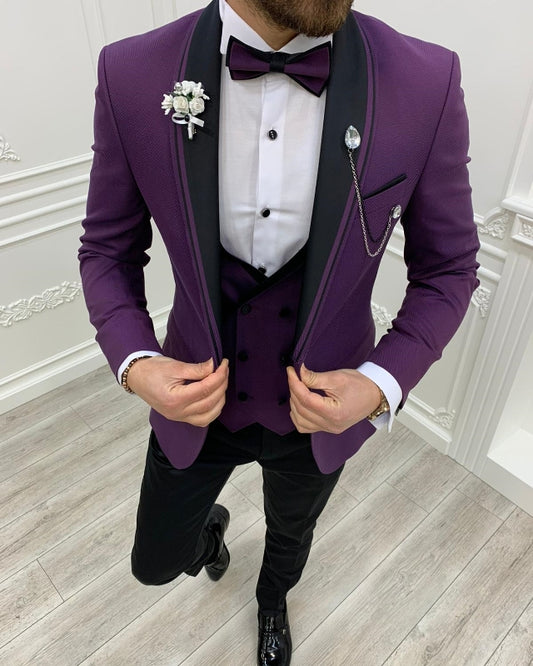 Chic Purple Slim Fit Three Pieces Prom Men Suits With Black Shawl Lapel
