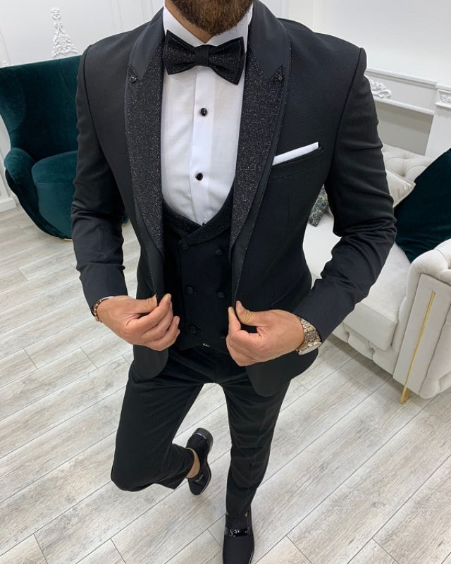 New Arrival Black Slim Fit Three Pieces Shawl Lapel Wedding Men Suits