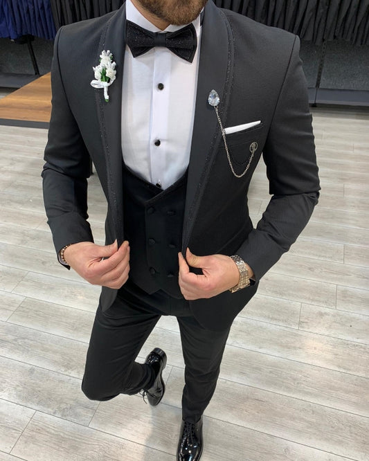 Newest Black Best Fitting Three Pieces Shawl Lapel Wedding Men Suits