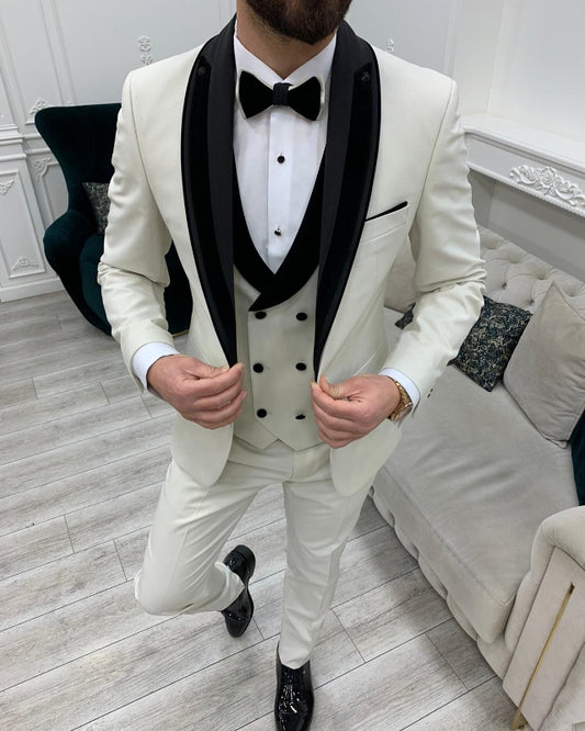 Chic White Three Pieces Wedding Men Suit With Black Shawl Lapel