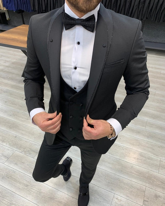 Handsome Black Slim Fit Three Pieces Shawl Lapel Wedding Men Suits