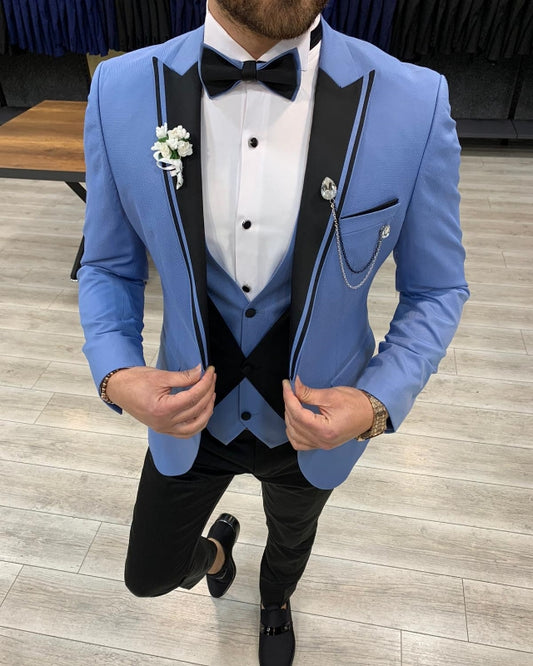 Fashion Sky Blue Slim Fit Three Pieces Peaked Lapel Prom Men Suits