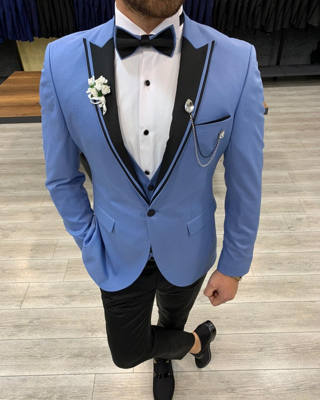 Fashion Sky Blue Slim Fit Three Pieces Peaked Lapel Prom Men Suits