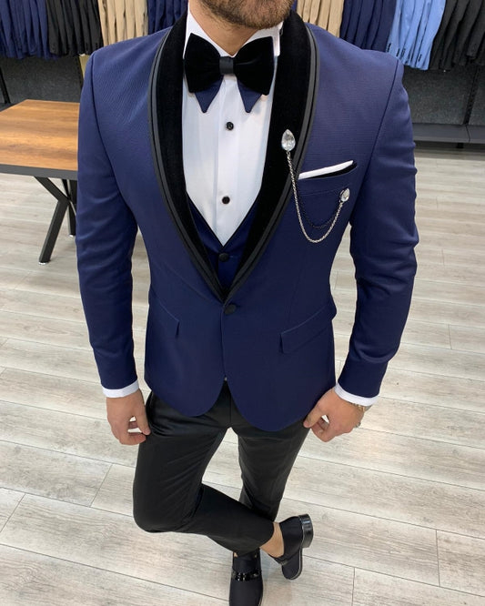 Handsome Blue Slim Fit Three Pieces Shawl Lapel Prom Men Suits