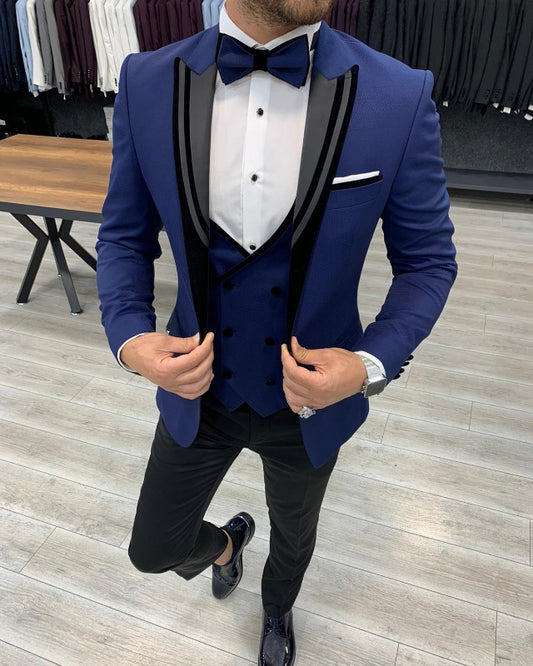 Fashion Blue Slim Fit Three Pieces Peaked Lapel Prom Men Suits