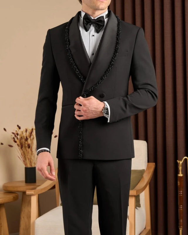 Bespoke Black Double Breasted Shawl Lapel Wedding Suit With Webbing