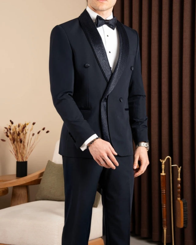 Trendy Navy Blue Double Breasted Shawl Lapel Wedding Men Suit