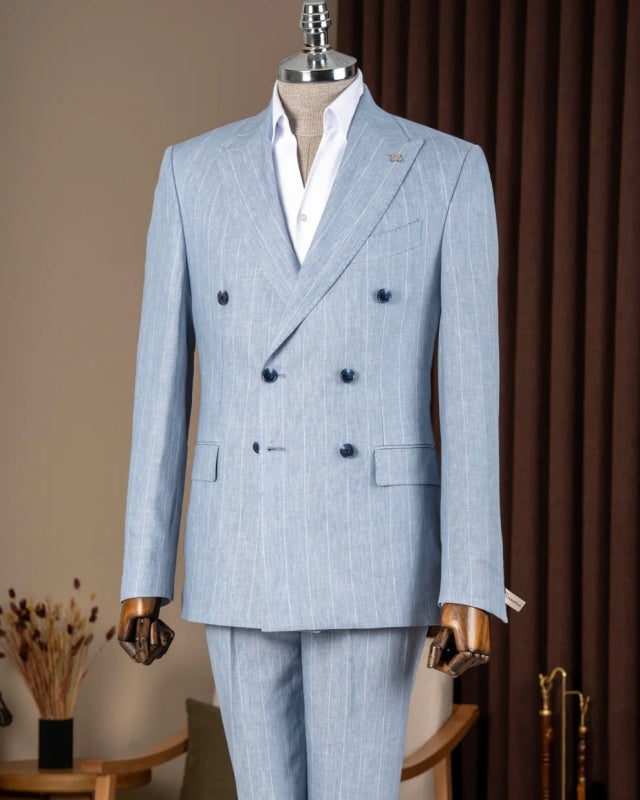 Stylish Light Blue Striped Double Breasted Business Men Suit