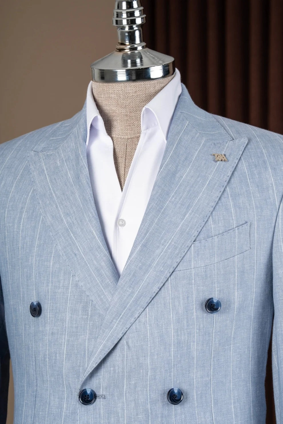 Stylish Light Blue Striped Double Breasted Business Men Suit