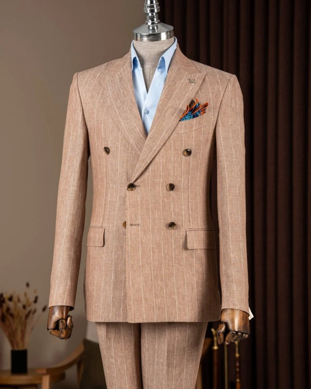 Fashion Light Brown Striped Double Breasted Business Men Suits