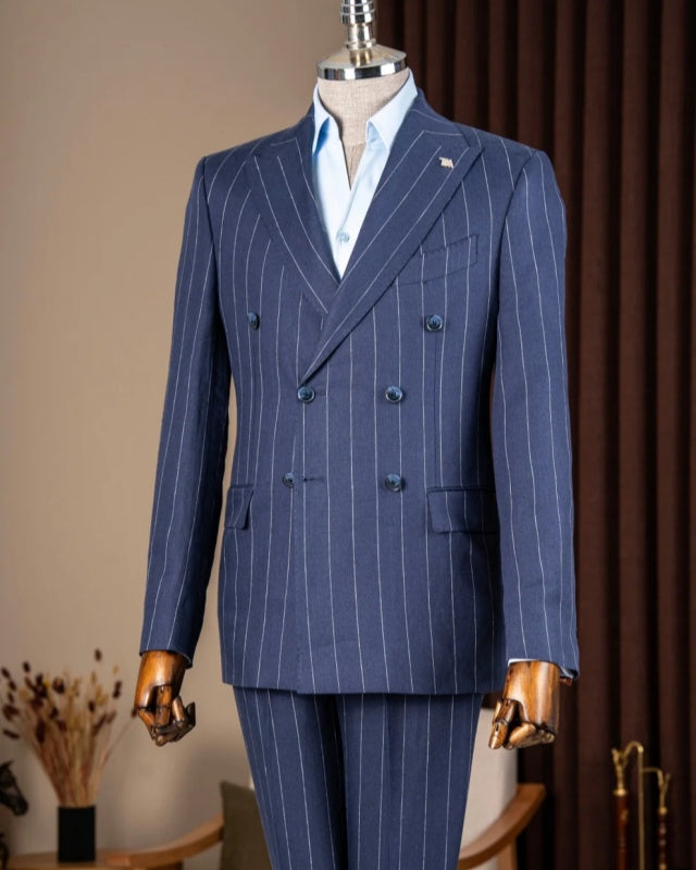 Bespoke Blue Double Breasted Striped Peaked Lapel Business Suit