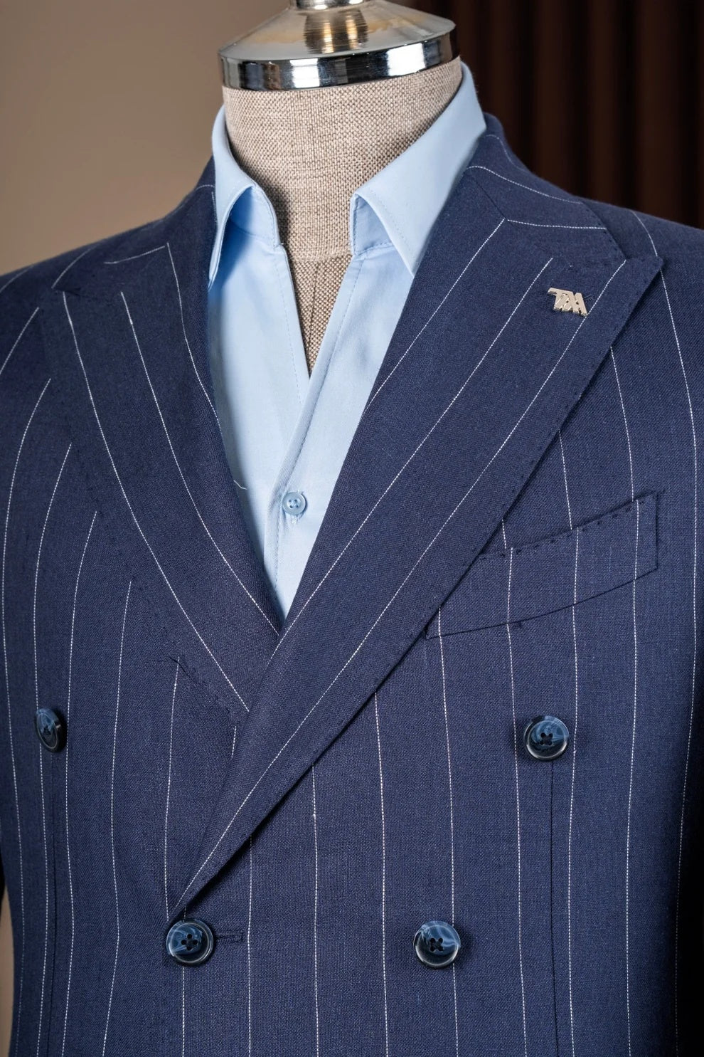 Bespoke Blue Double Breasted Striped Peaked Lapel Business Suit