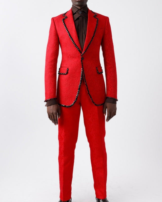Stylish Red Jacquard Notched Lapel Slim Fit Prom Suit With Crystals