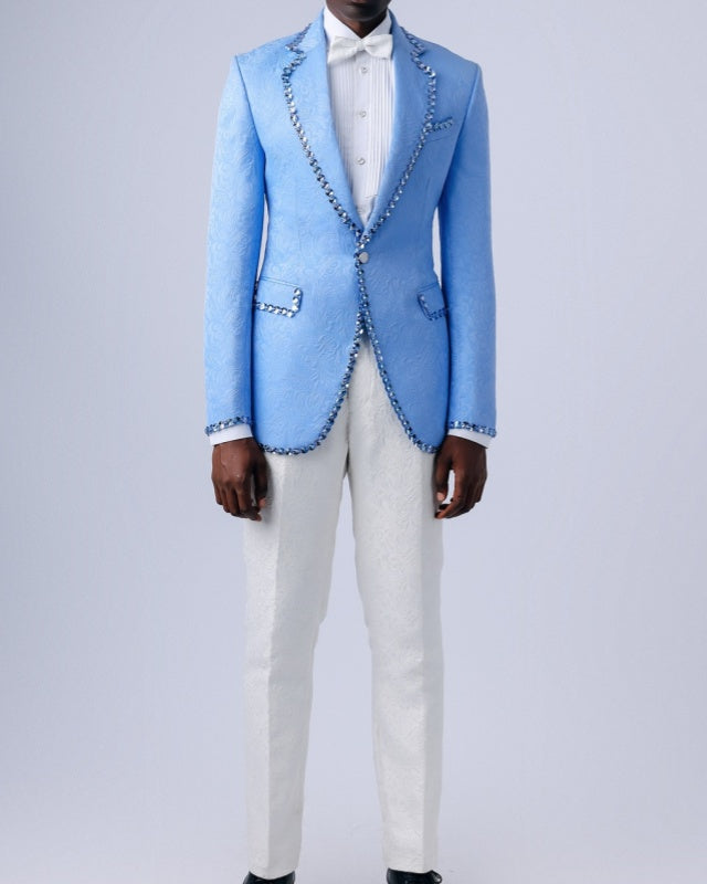 Chic Sky Blue Jacquard Notched Lapel Prom Suit With Crystals