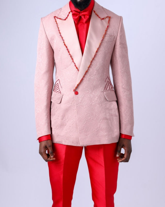 Charming Pink Jacquard Peaked Lapel Beadings Prom Suit With Red Pants