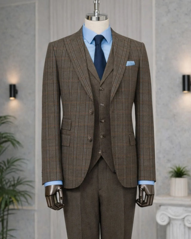 Vintage Olive Brown Plaid 3-Piece Slim Fit Formal Suit