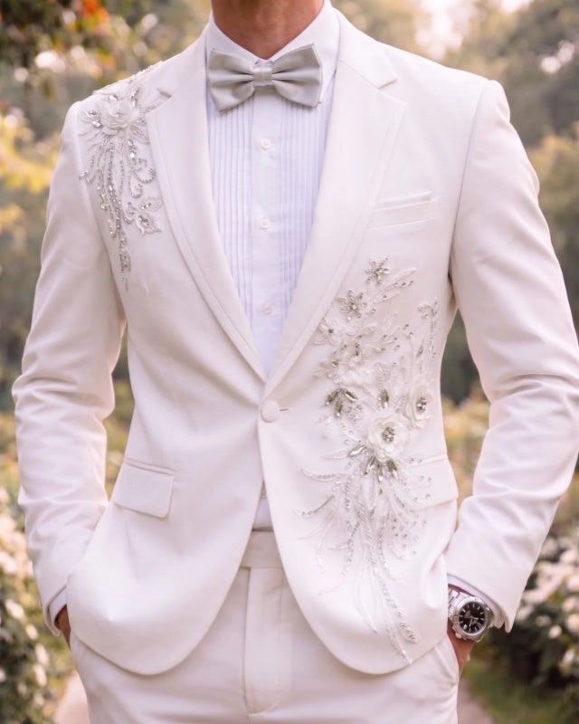 Bespoke White Notched Lapel Best Fitted Prom Suit With Appliques
