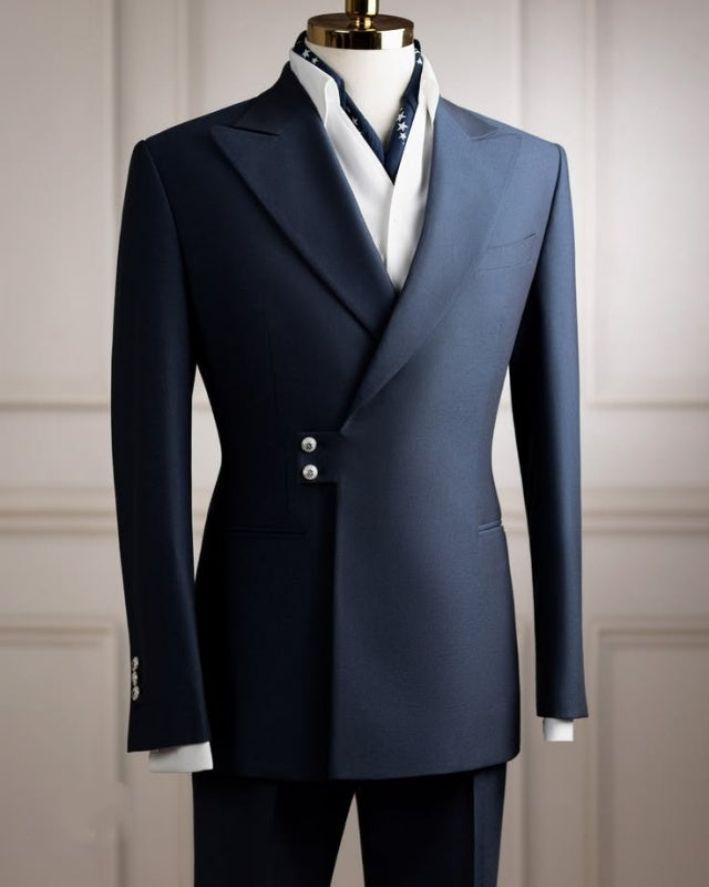 Simple Dark Navy Peaked Lapel Two Buttons Men's Formal Suit