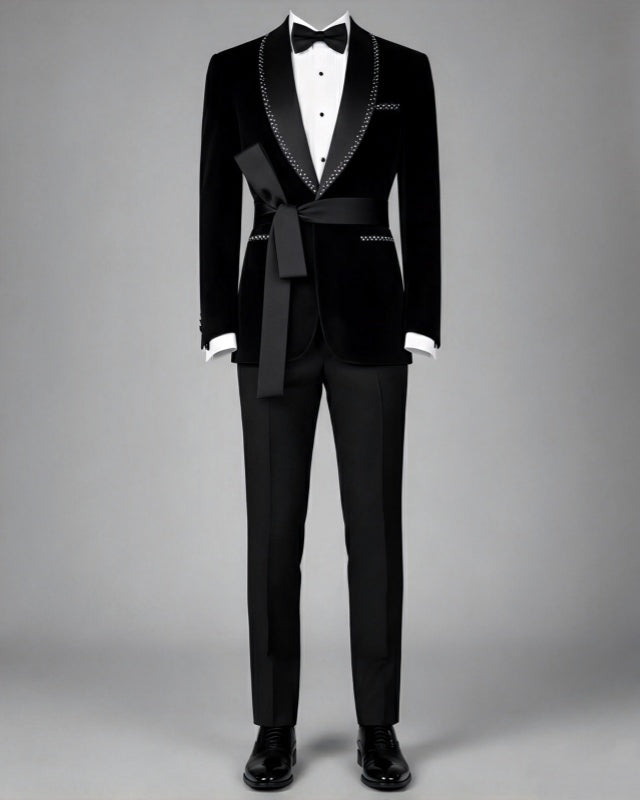 Trendy Black Velvet Shawl Lapel Slim Fit Prom Suit With Beadings