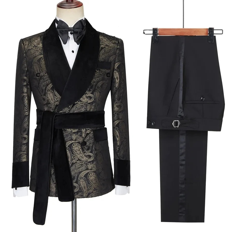 Classic Black Shawl Lapel Double Breasted Jacquard Prom Suit