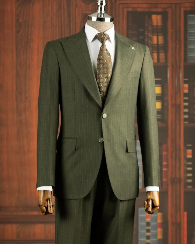 Gentle Green Two Pieces Peaked Lapel Stripe Men Suits
