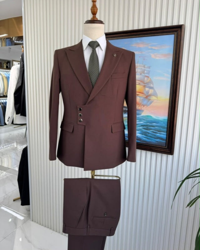 Bespoke Brown Peaked Lapel Three Buttons Men's Formal Suit