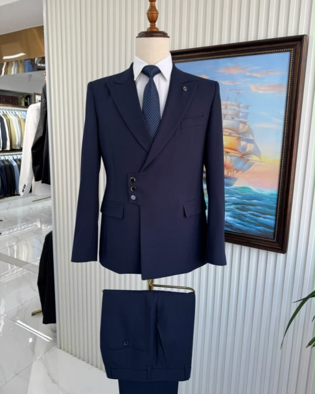 Generous Dark Blue Peaked Lapel Three Buttons Business Men Suit