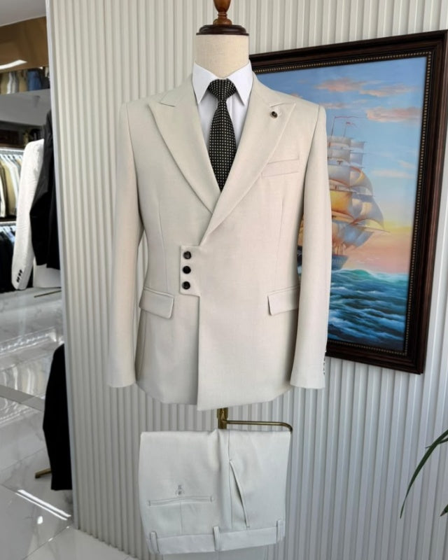 Fancy Beige 2 Pieces Peaked Lapel Slim Fit Men's Suit With 3 Buttons