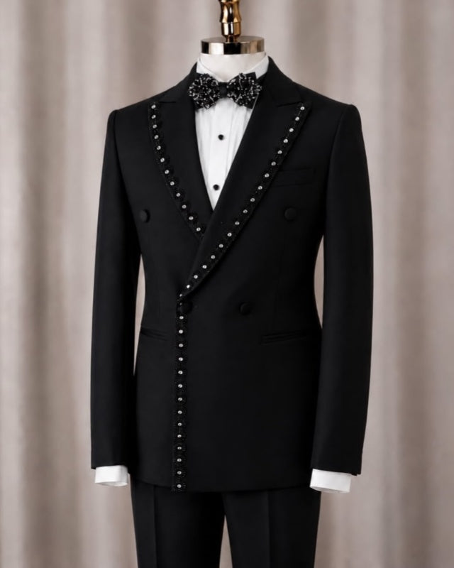 Newest Black Double Breasted Beautiful Prom Suit With Printing