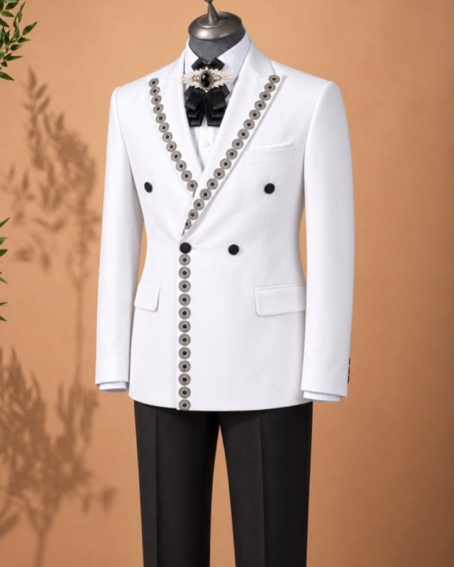 Stylish White Double Breasted Fancy Prom Suit With Printing