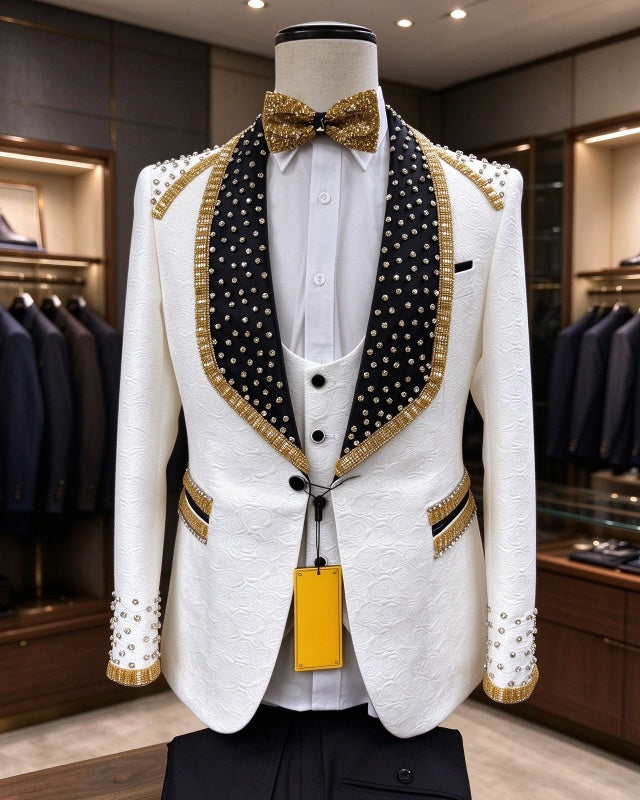 New Arrival White Jacquard 3 Pieces Men's Suit With Beadings