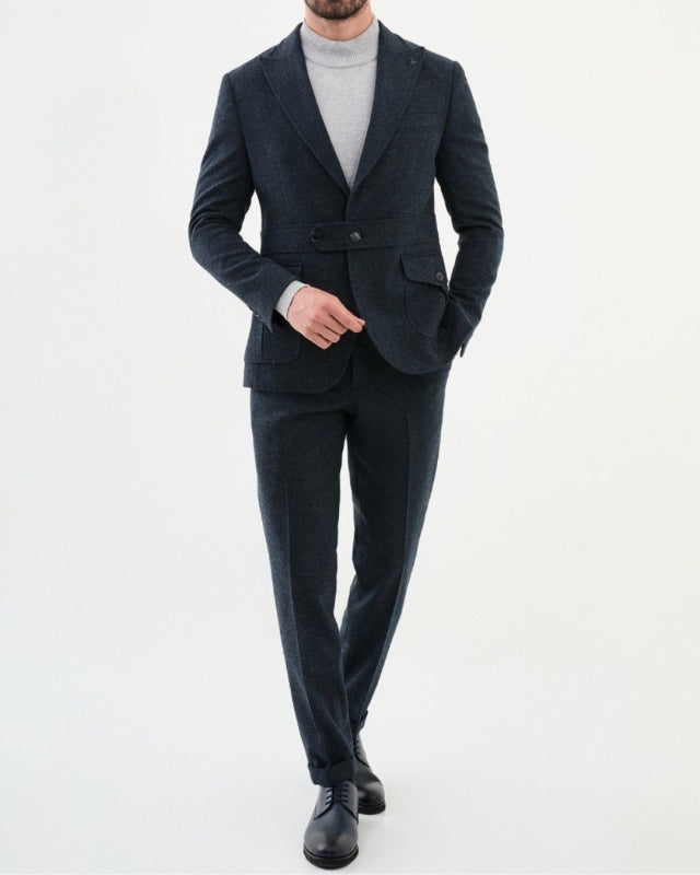 Exquisite Dark Navy Men's Autumn Winter Suit With Belt