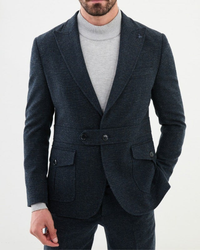 Exquisite Dark Navy Men's Autumn Winter Suit With Belt