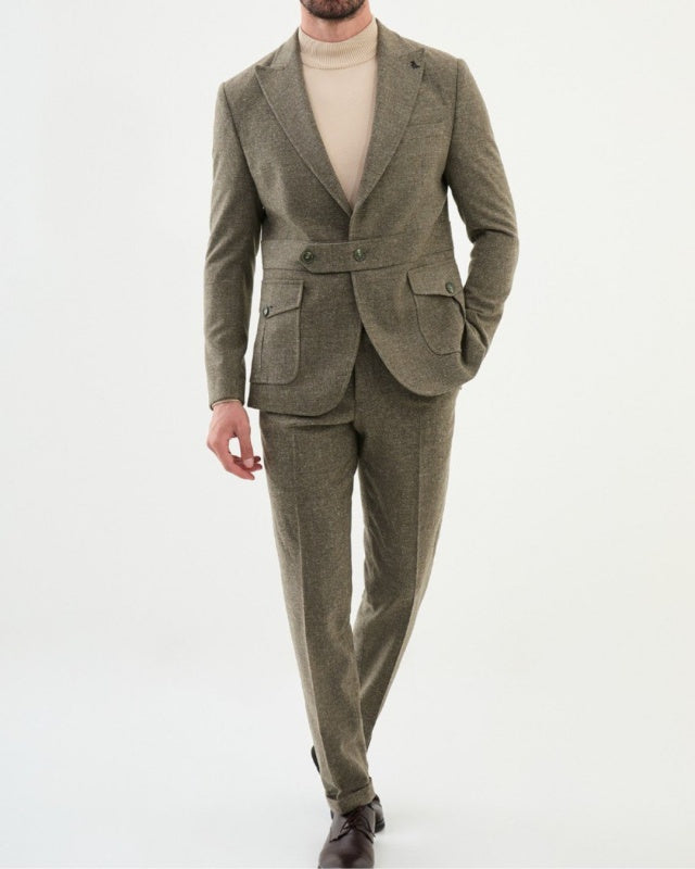 Fashion Khaki Peaked Lapel Slim Fit Business Men Suit