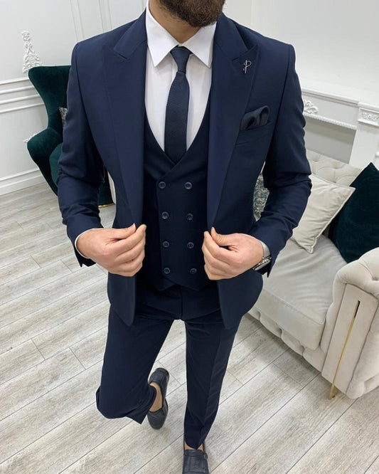 Abel Cool Dark Blue Slim Fit Three Pieces Peaked Lapel Business Men Suits