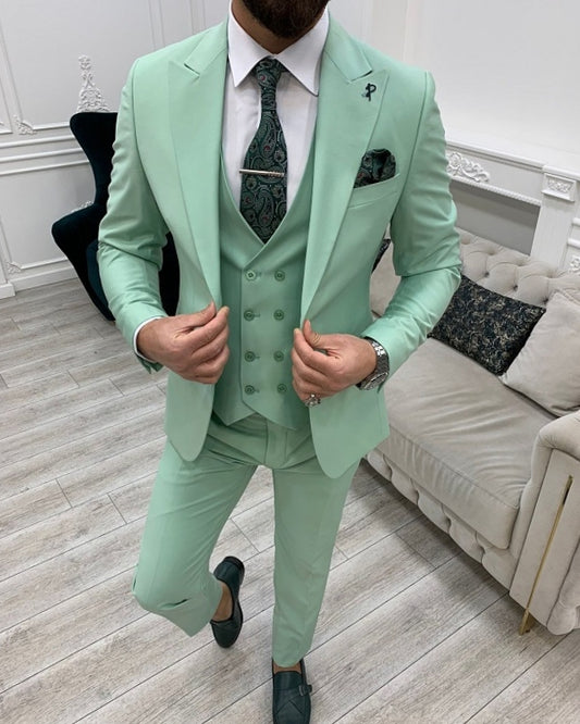 Fashion Green Slim Fit Three Pieces Peaked Lapel Prom Men Suits