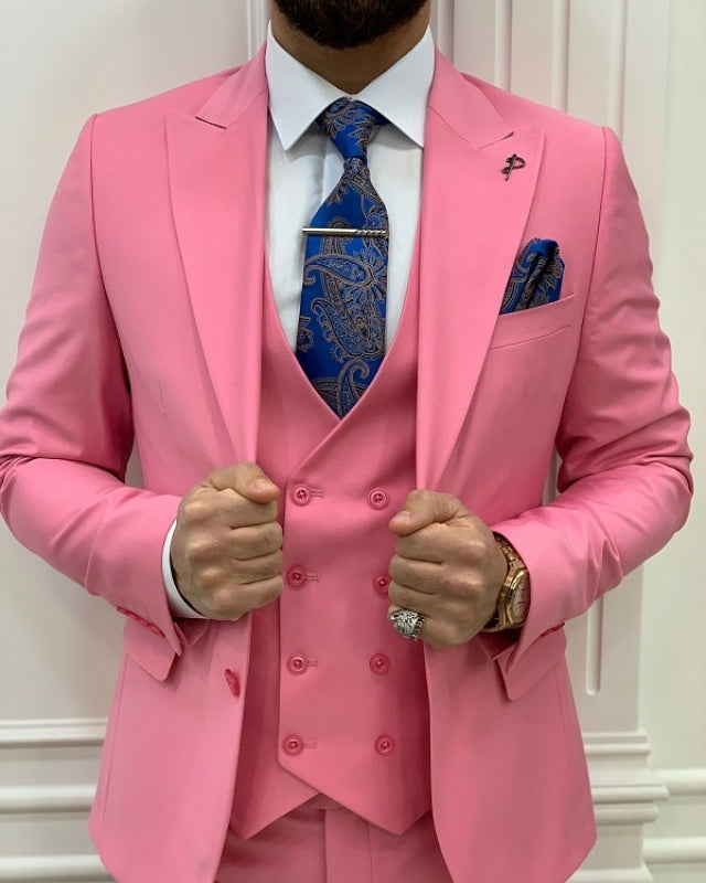 Modern Pink Close Fitting Three Pieces Peaked Lapel Prom Men Suits