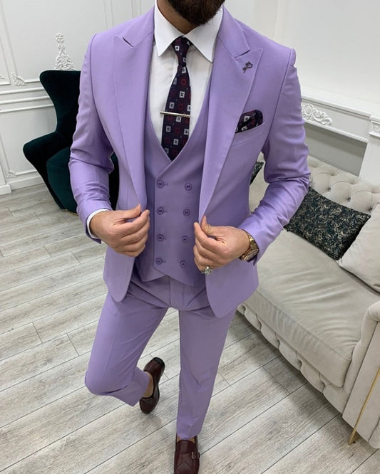 Fashion Purple Close Fitting Three Pieces Peaked Lapel Prom Men Suits