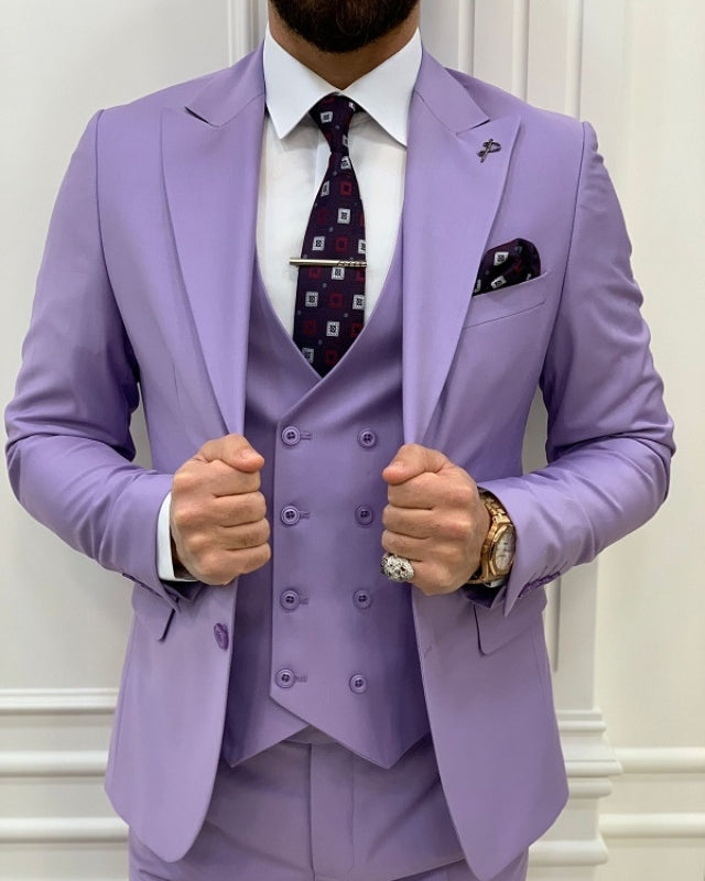 Fashion Purple Close Fitting Three Pieces Peaked Lapel Prom Men Suits
