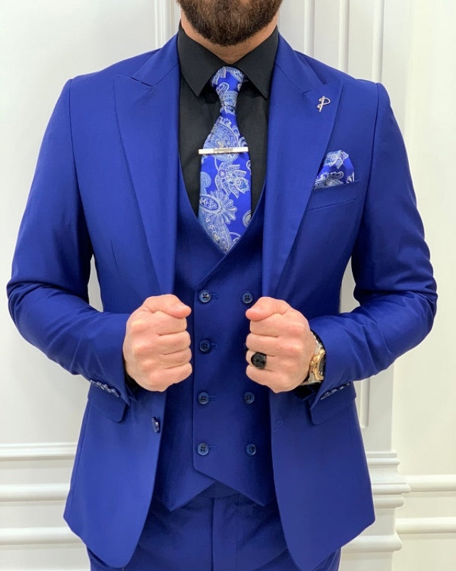 Abner Fashion Blue Close Fitting Three Pieces Peaked Lapel Prom Men Suits
